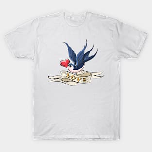 Swallow with Heart and Ribbon Tattoo T-Shirt